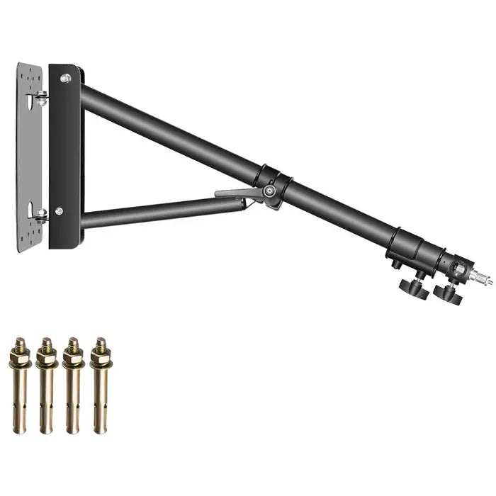 Black adjustable wall mount bracket with hardware on a white background