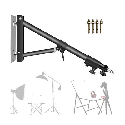 Black studio light stand with mounting bracket and hardware on a white background