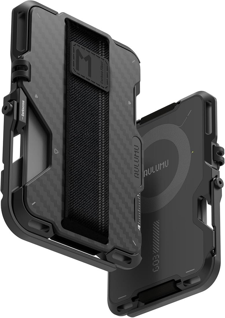 Black phone case with carbon fiber texture and visible brand logo on a white background