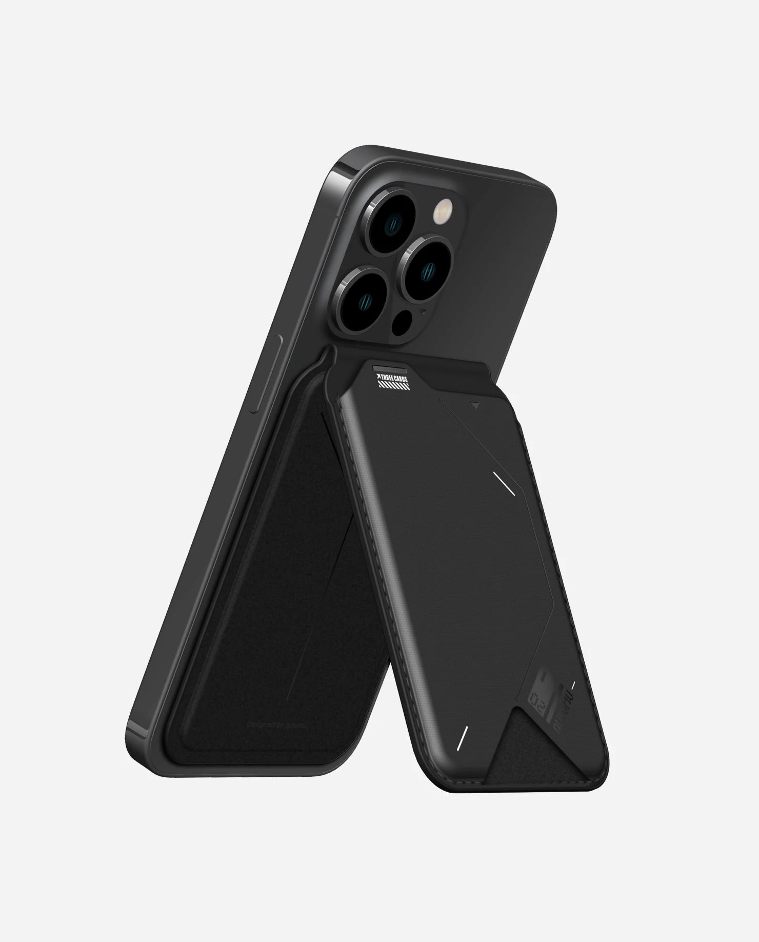 Black phone case with a phone inside on a light gray background