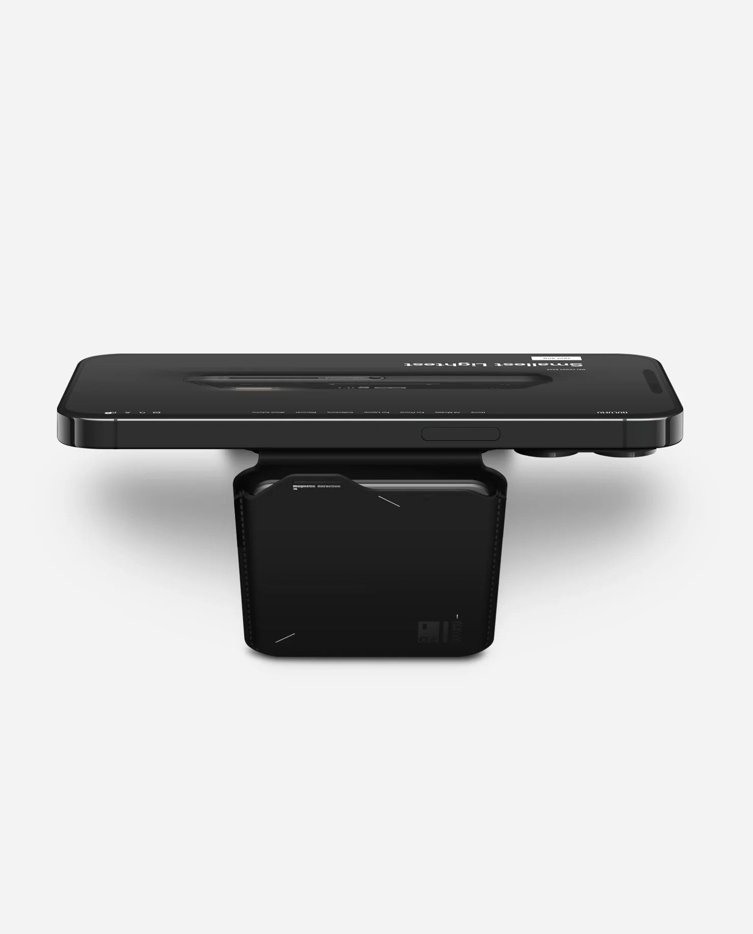 Black electronic device with a rectangular flat surface and a smaller square component on a white background