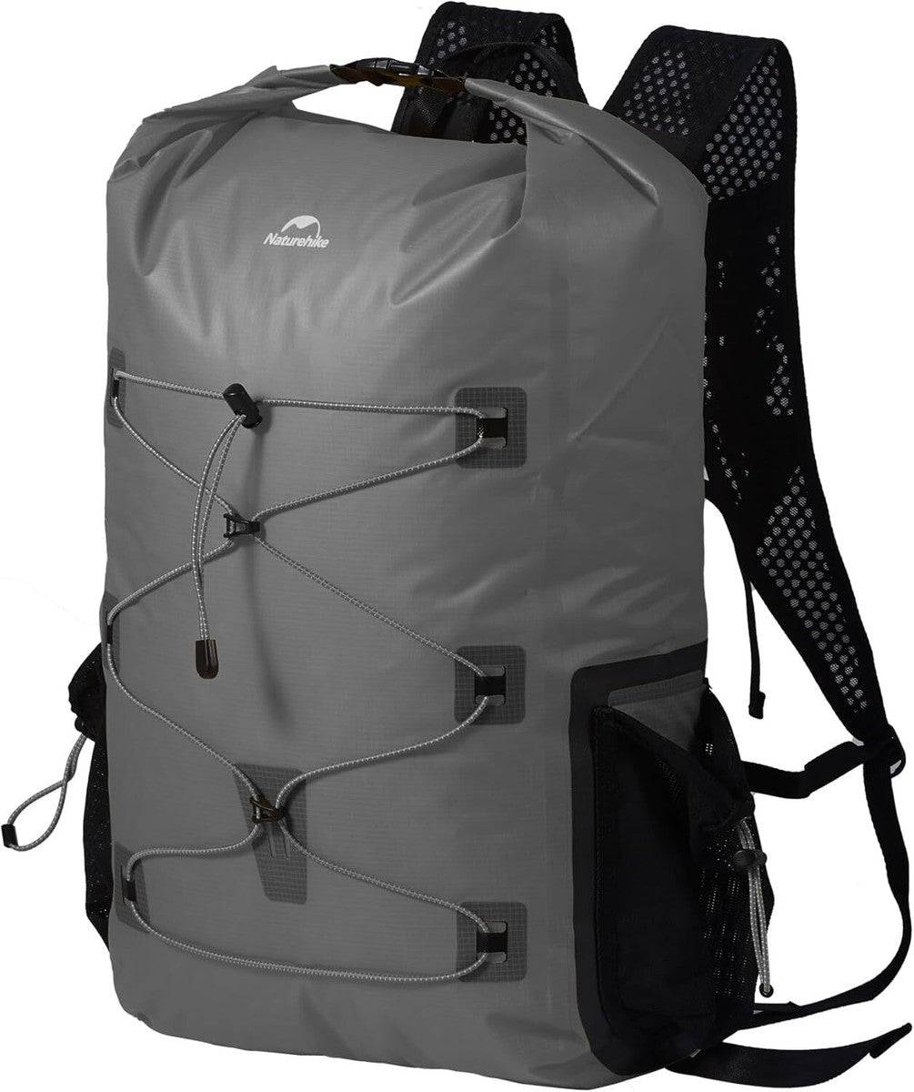 Gray backpack with black straps on a white background