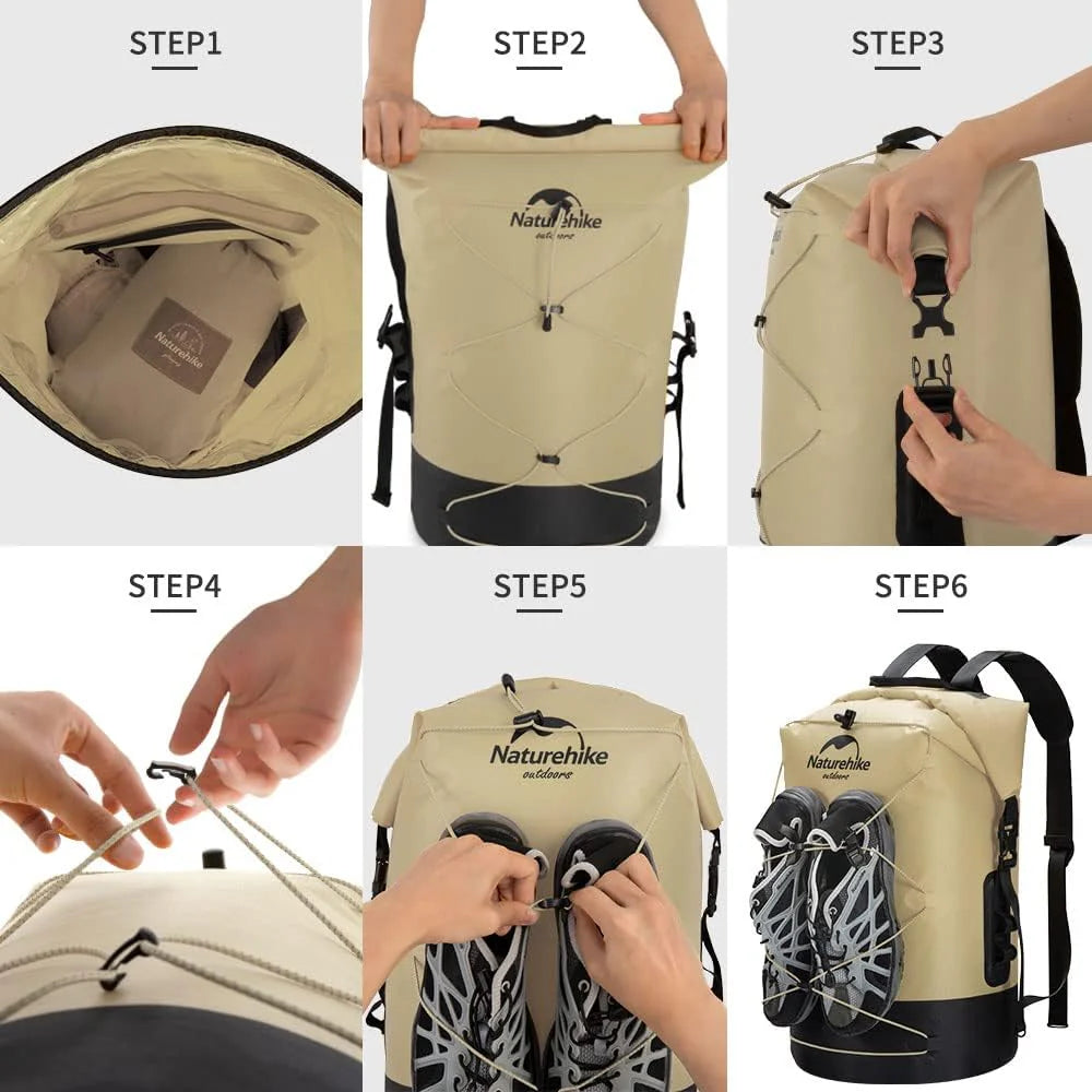 Step-by-step guide on how to use a beige backpack with shoe compartments.