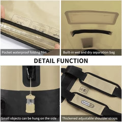 Product details of a beige bag with features like waterproof folding film, wet and dry separation, hanging capacity, and adjustable shoulder straps.