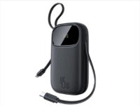 Black portable charger with USB cable on a white background
