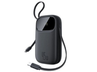 Black portable charger with cable on a white background