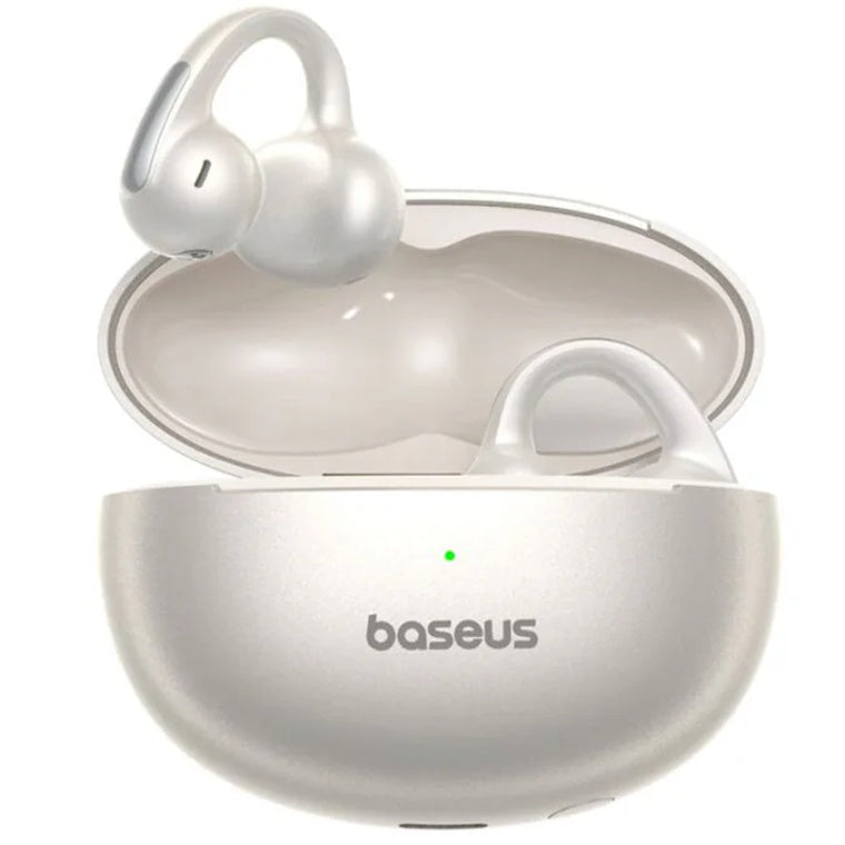 Baseus wireless earbuds with charging case on a white background