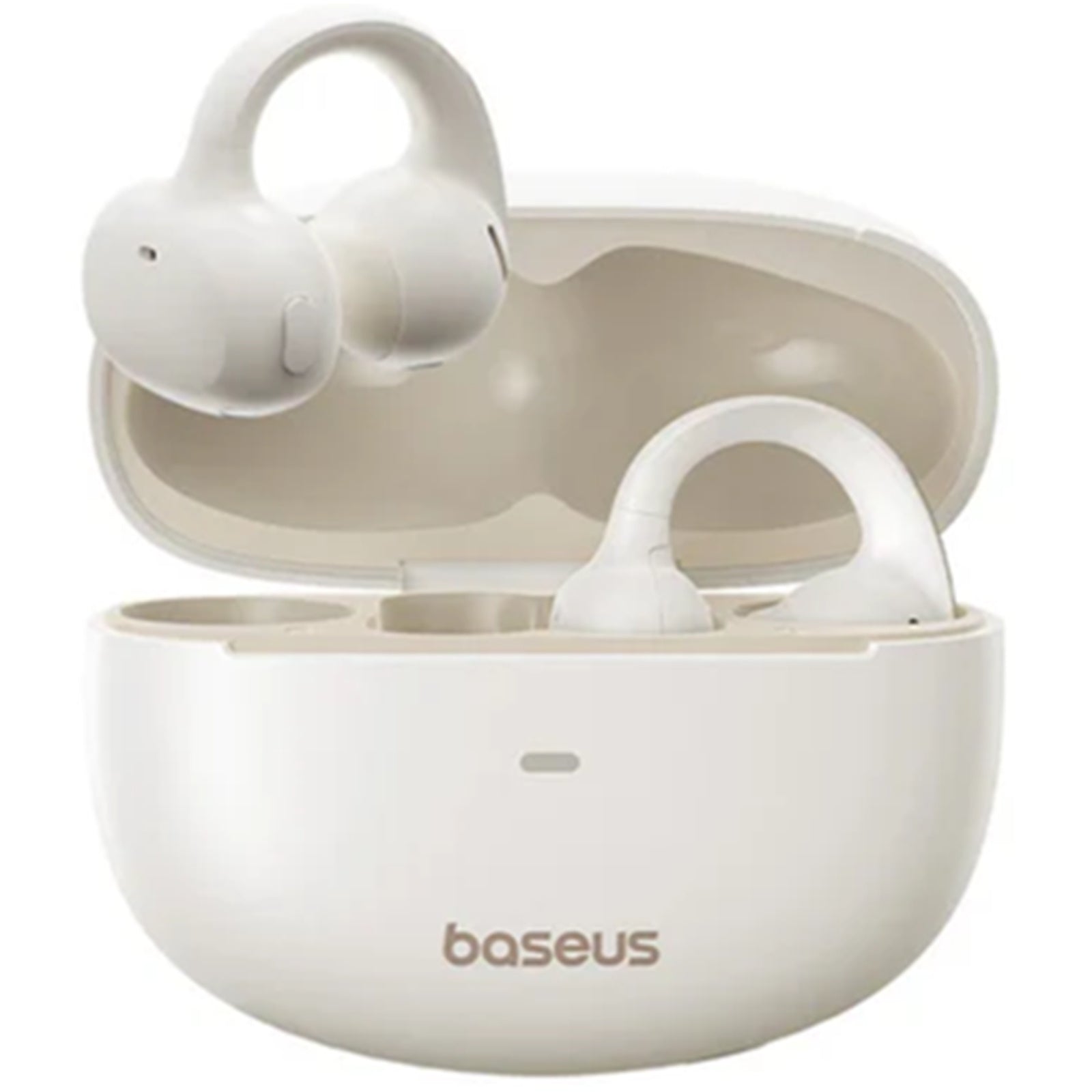 White wireless earbuds in an open charging case on a white background, with 'baseus' branding.