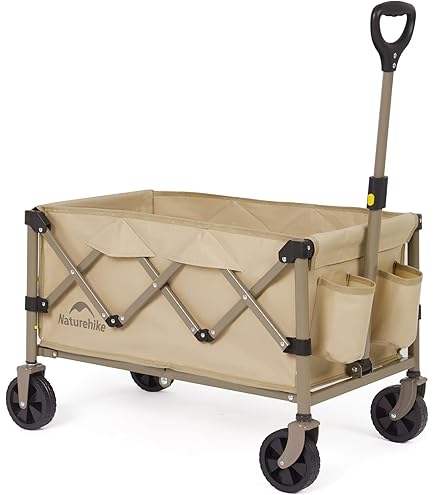 Beige folding wagon with wheels and handles on a white background