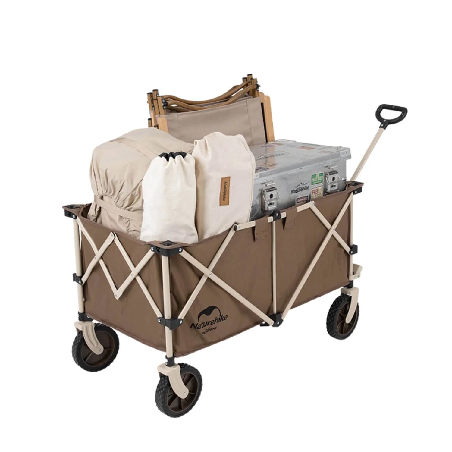 Brown and beige folding wagon with items on a white background