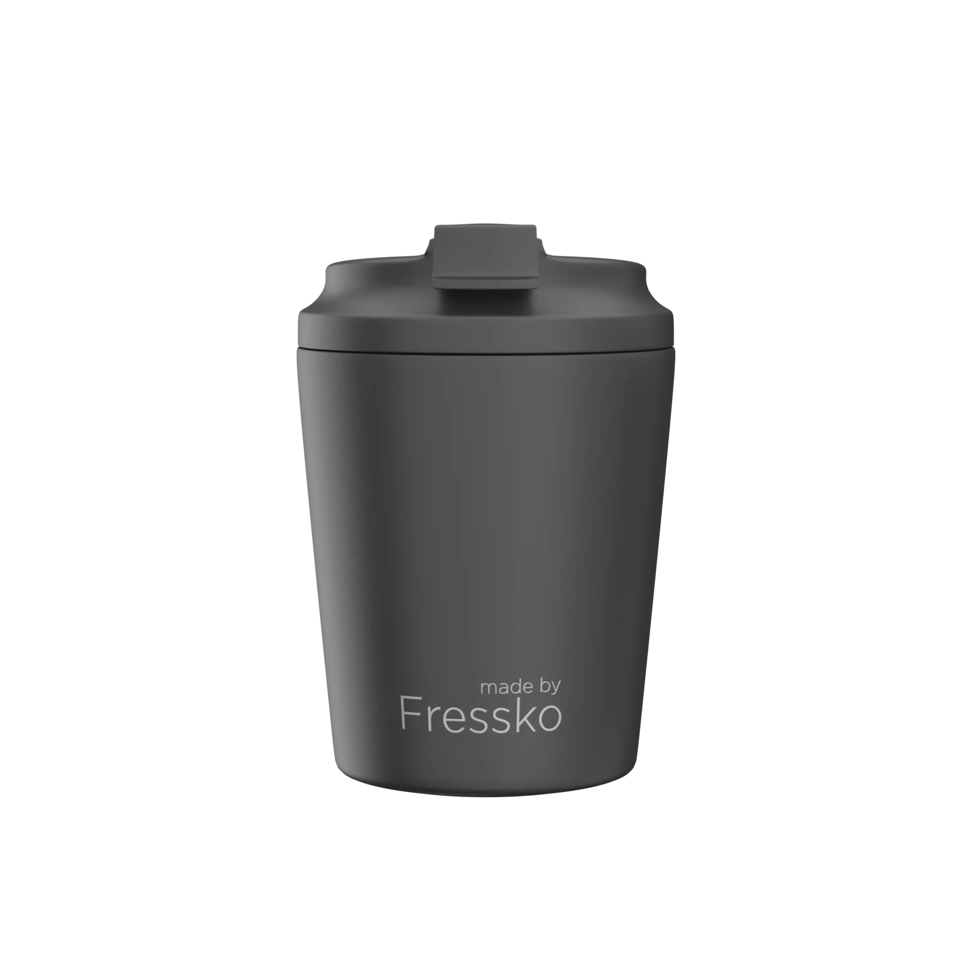 Black tumbler with 'made by Fressko' branding on a white background