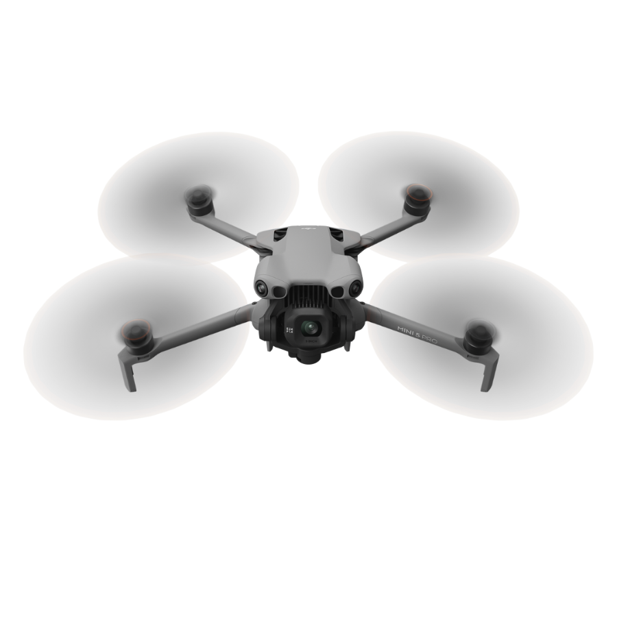 Black drone with four propellers on a white background