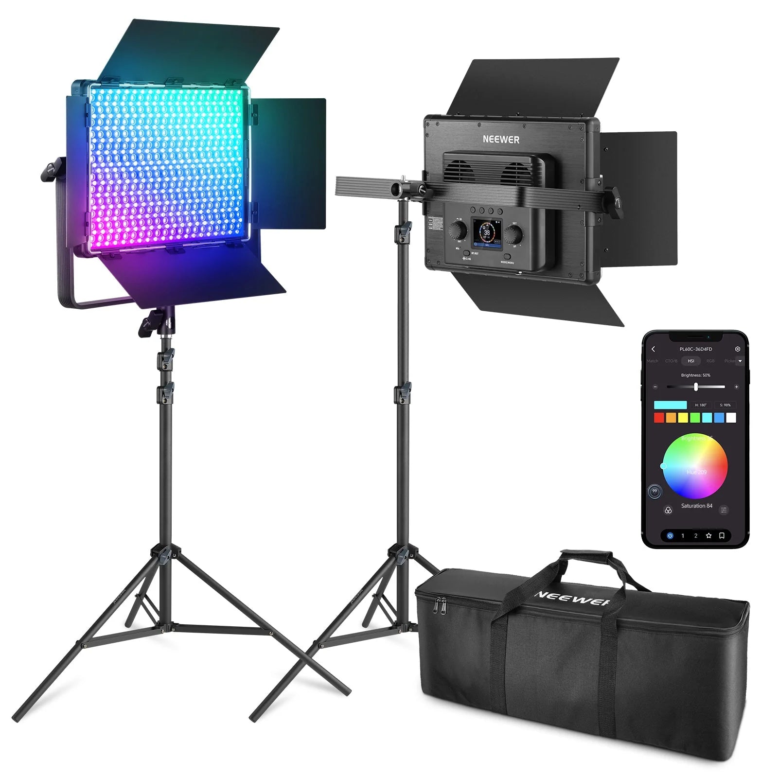 Neewer LED video light kit with stands, carrying case, and smartphone app on a white background