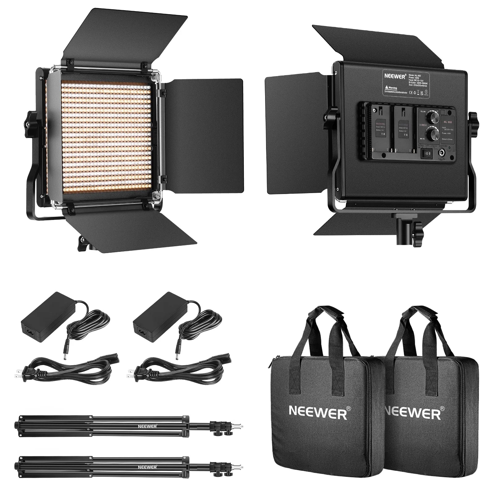 Neewer video light kit with two lights, stands, power supplies, and carrying cases on a white background.