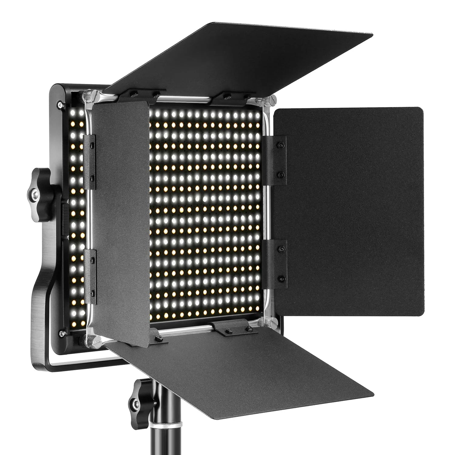 LED video light with adjustable panels on a white background