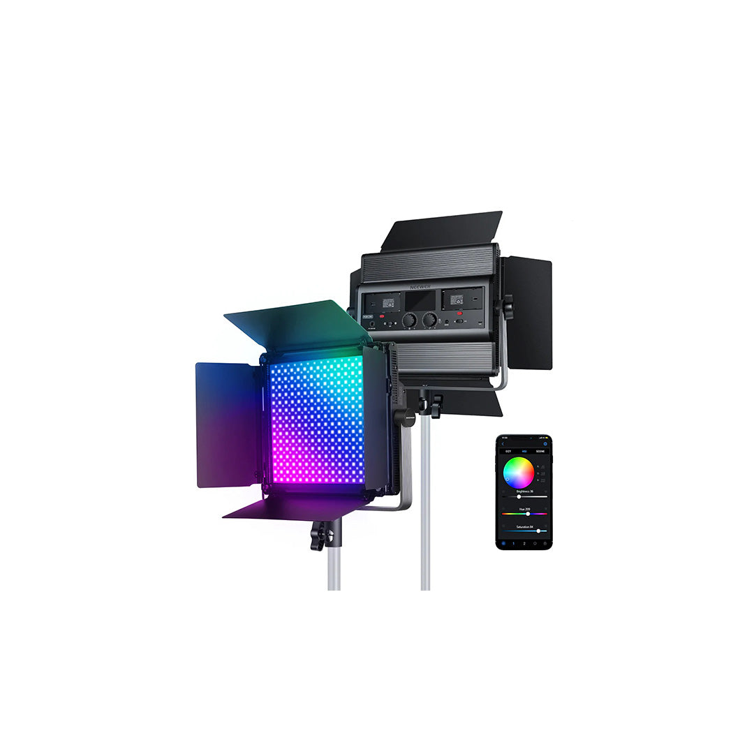 LED light panel with color-changing capabilities and a smartphone app on a white background