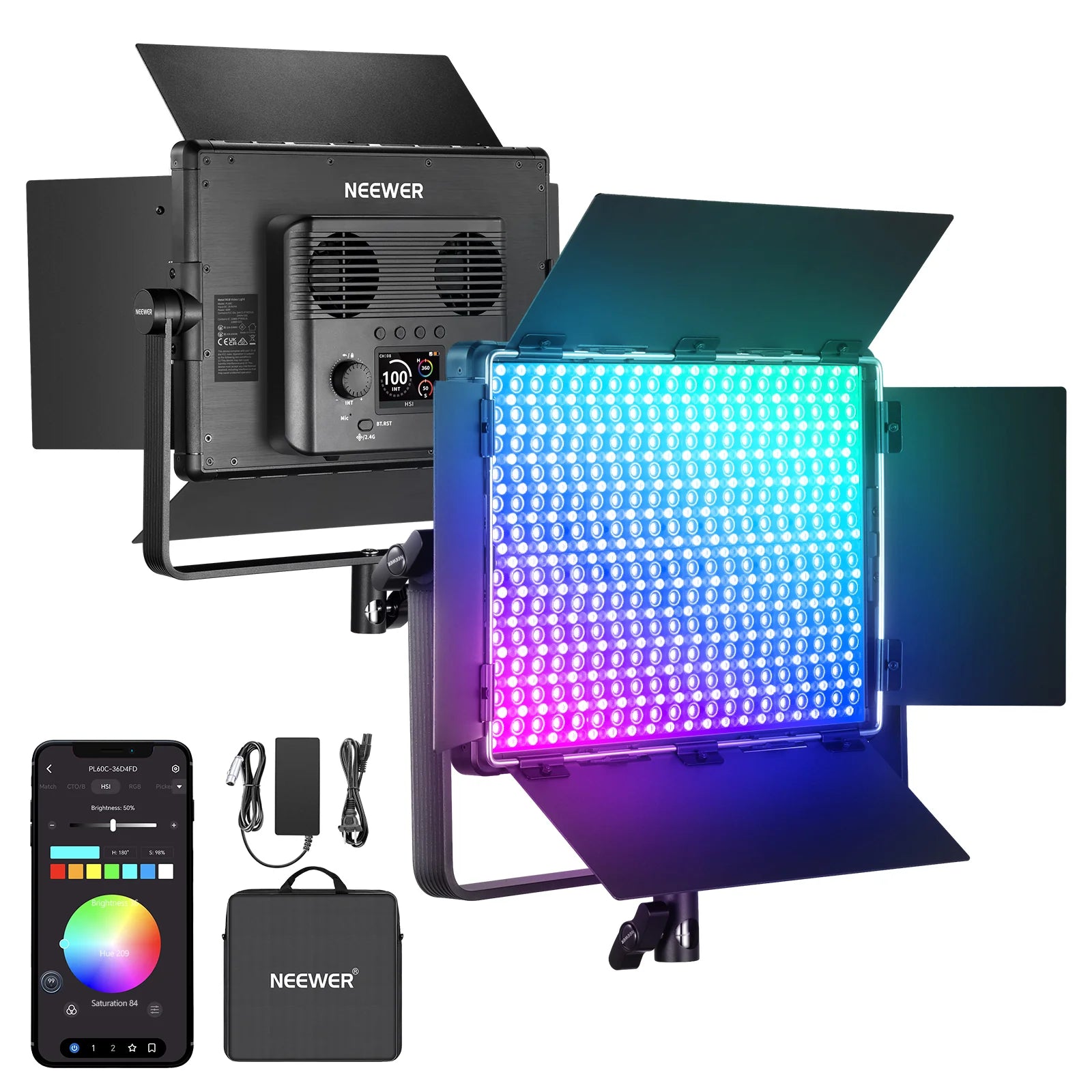 Neewer LED video light panel with accessories on a white background