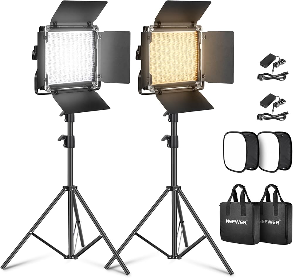 Two video studio lights with stands, filters, and power adapters on a white background.