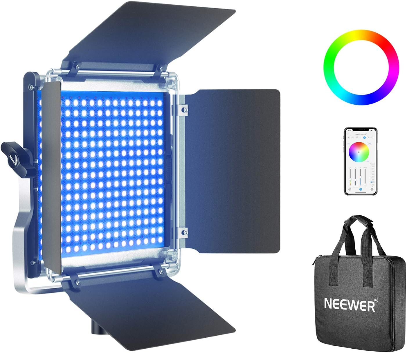 Neewer LED video light panel with color wheel, smartphone app, and carrying bag on a white background