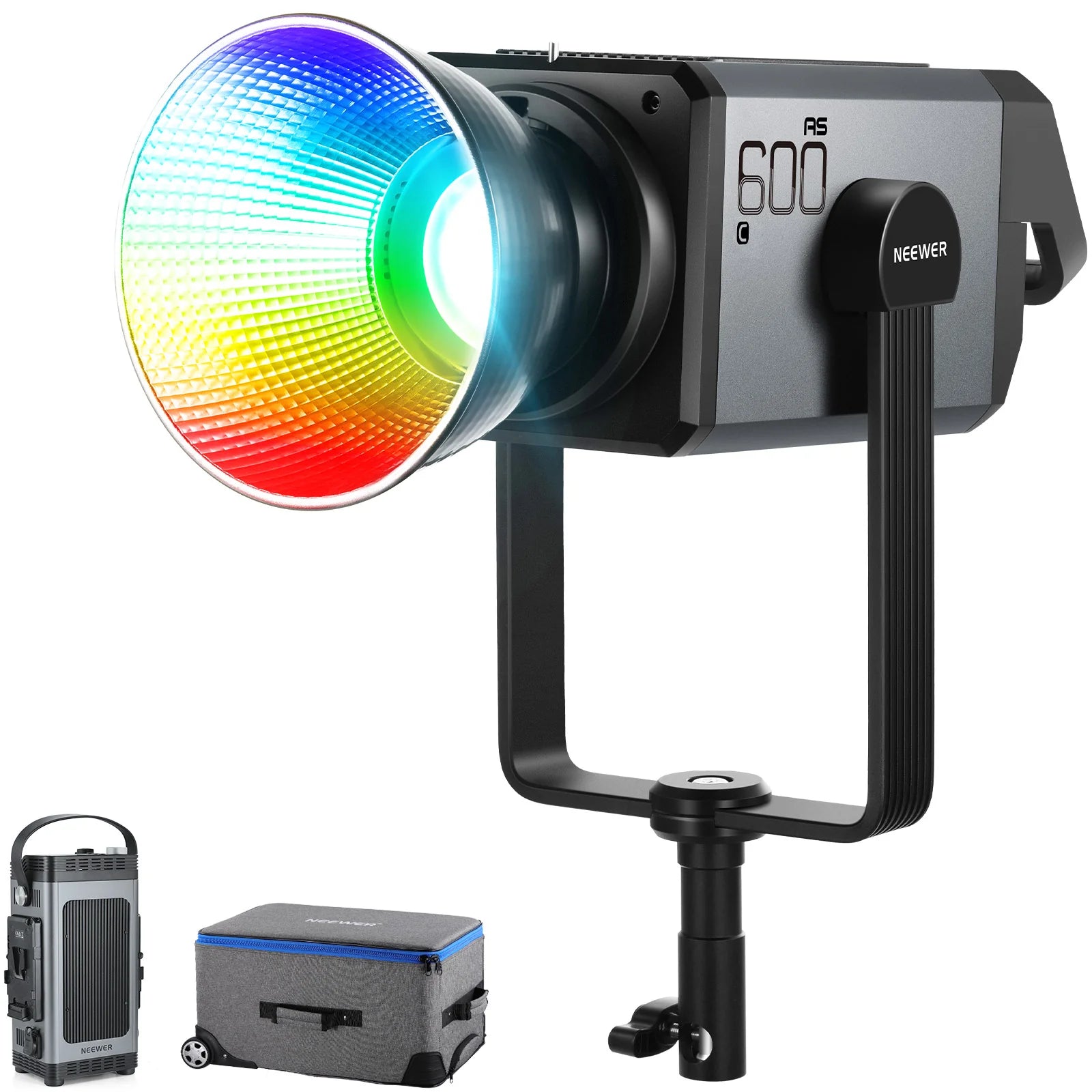 Neewer studio light with colorful lens and accessories on a white background
