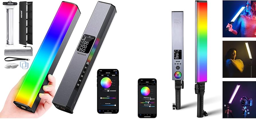 Colorful LED light stick with smartphone app control, surrounded by additional light sticks and images of use.