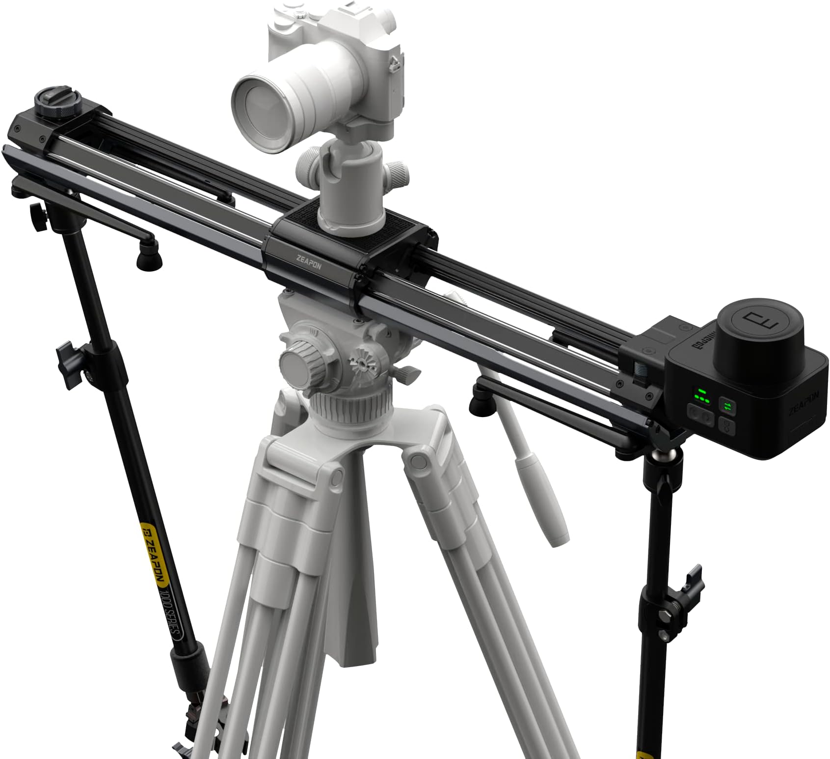 Camera slider with tripod and camera mount on a white background