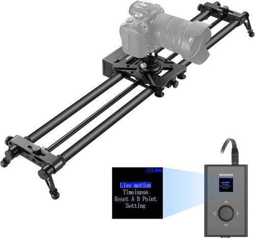 Camera slider with a camera attached and a control device on a white background