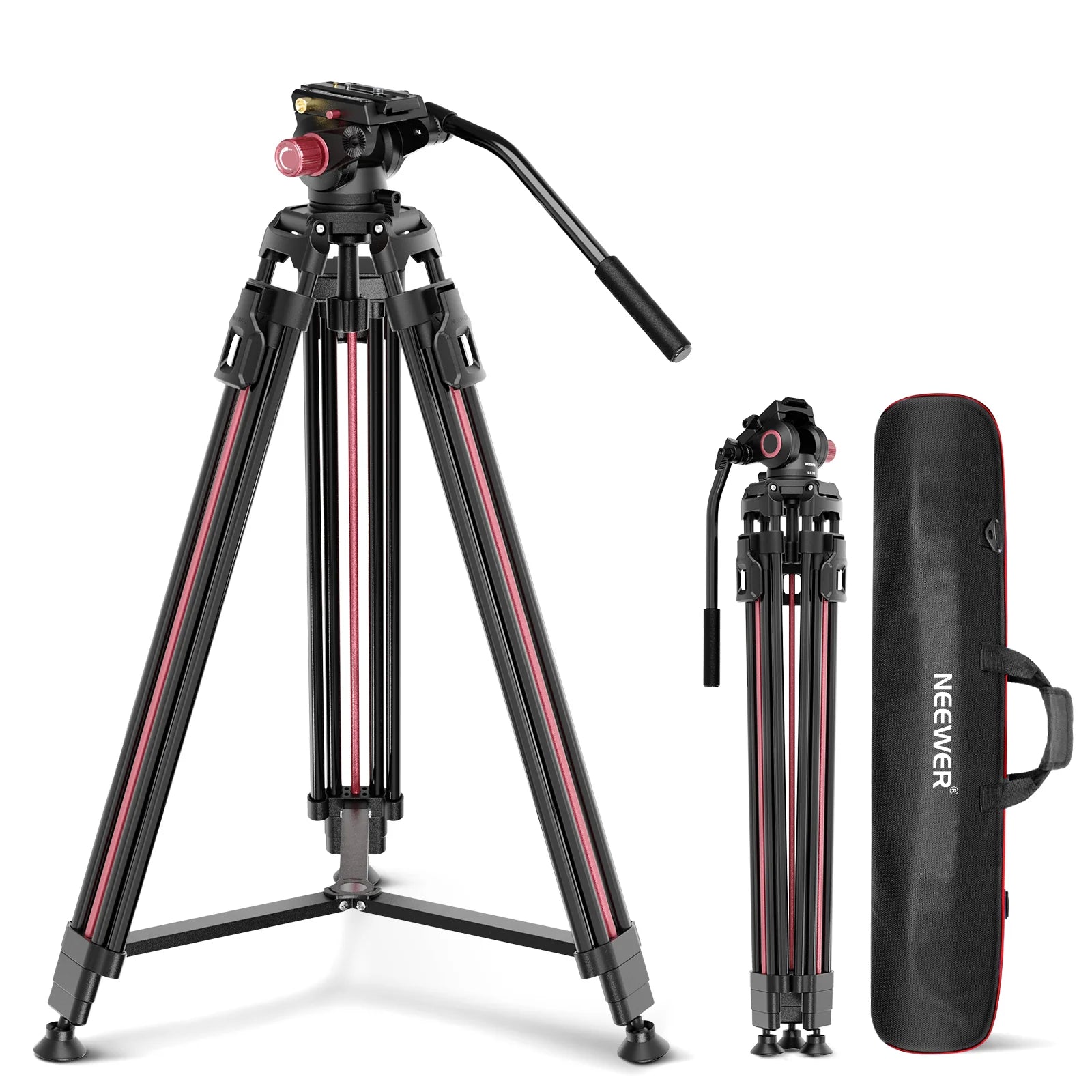 Camera tripod with a carrying case on a white background
