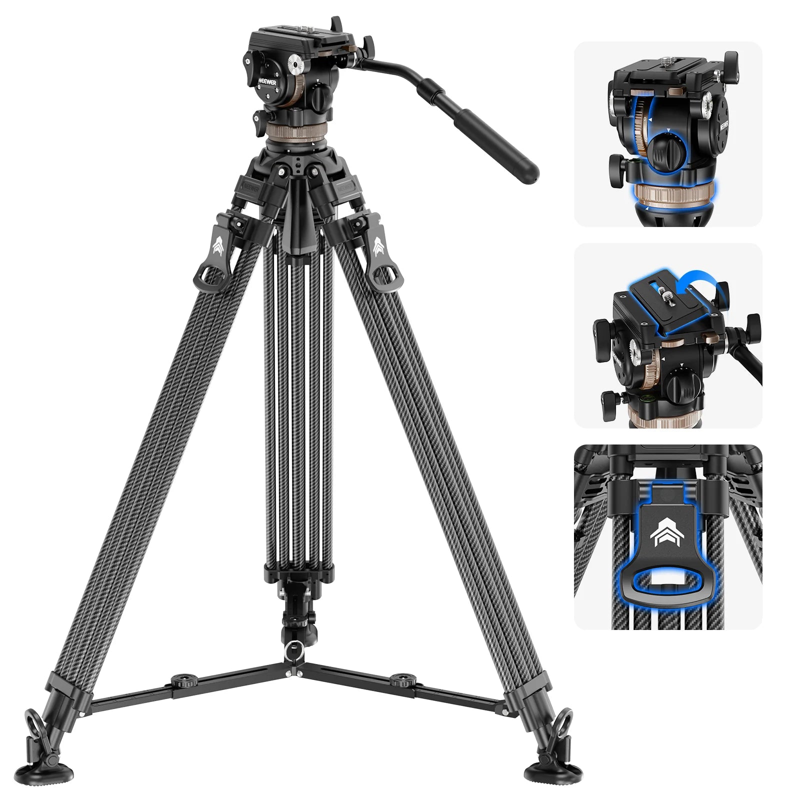 Camera tripod with multiple views on a white background