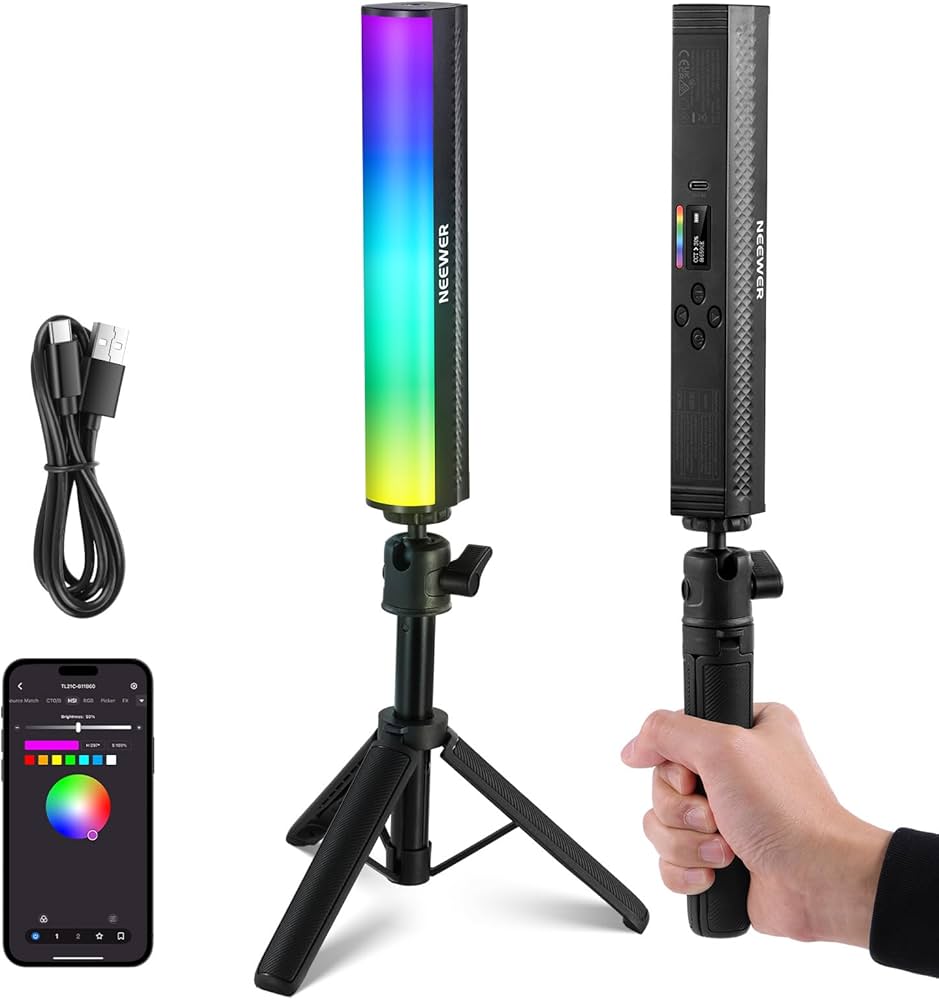 Colorful LED light stick with stand, smartphone app, and cable on a white background