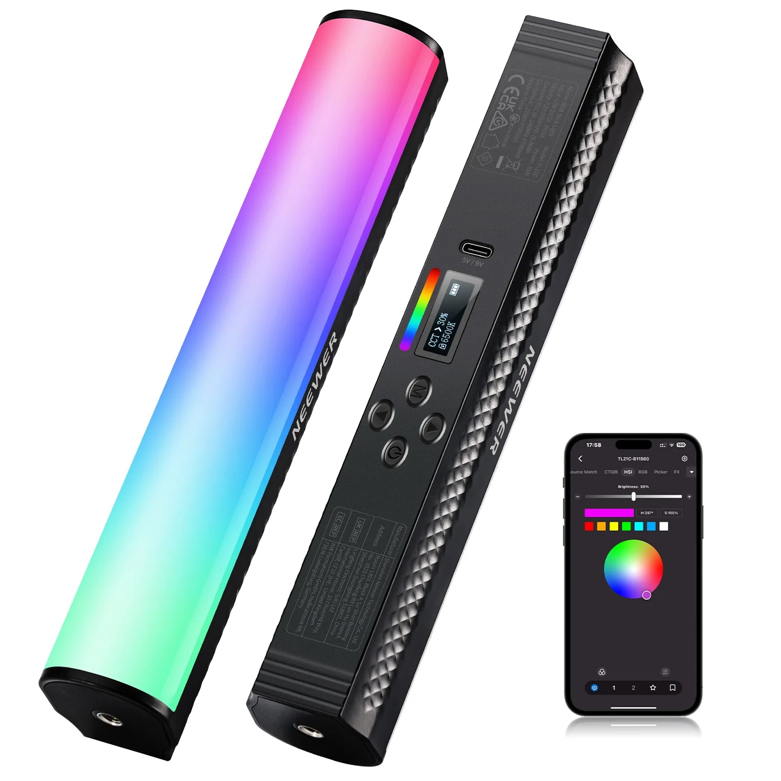 Colorful LED light bar with smartphone app interface on a white background