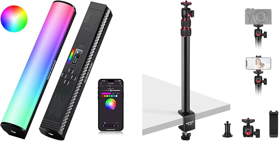 Colorful light panel, smartphone with app interface, camera on a stand, and additional camera equipment.