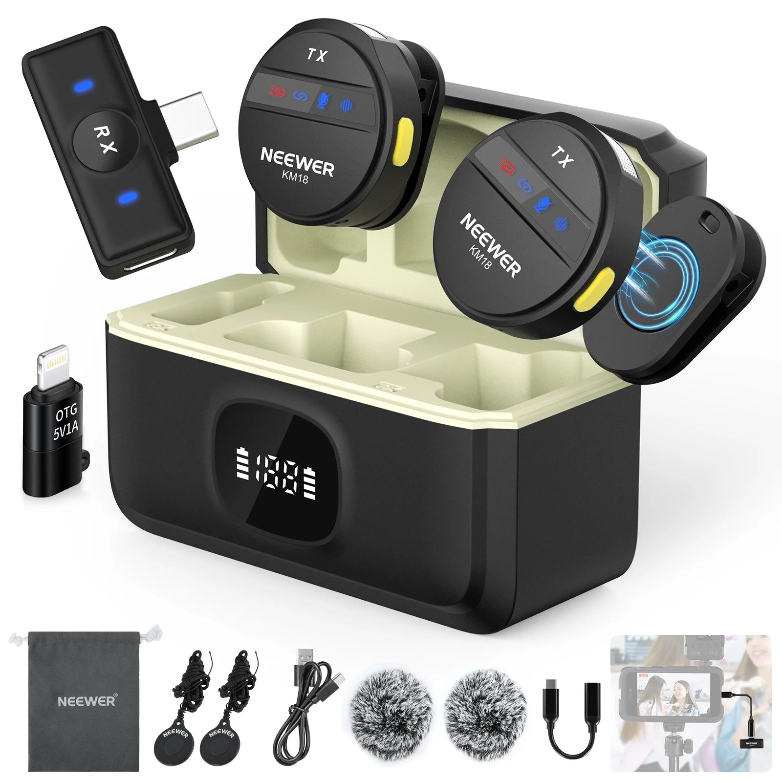 Neewer wireless microphone system with receiver, transmitter, and accessories on a white background