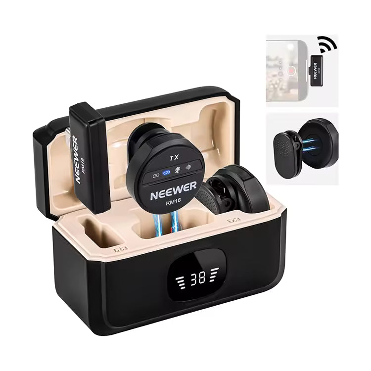 Neewer wireless earbud set with charging case on a white background