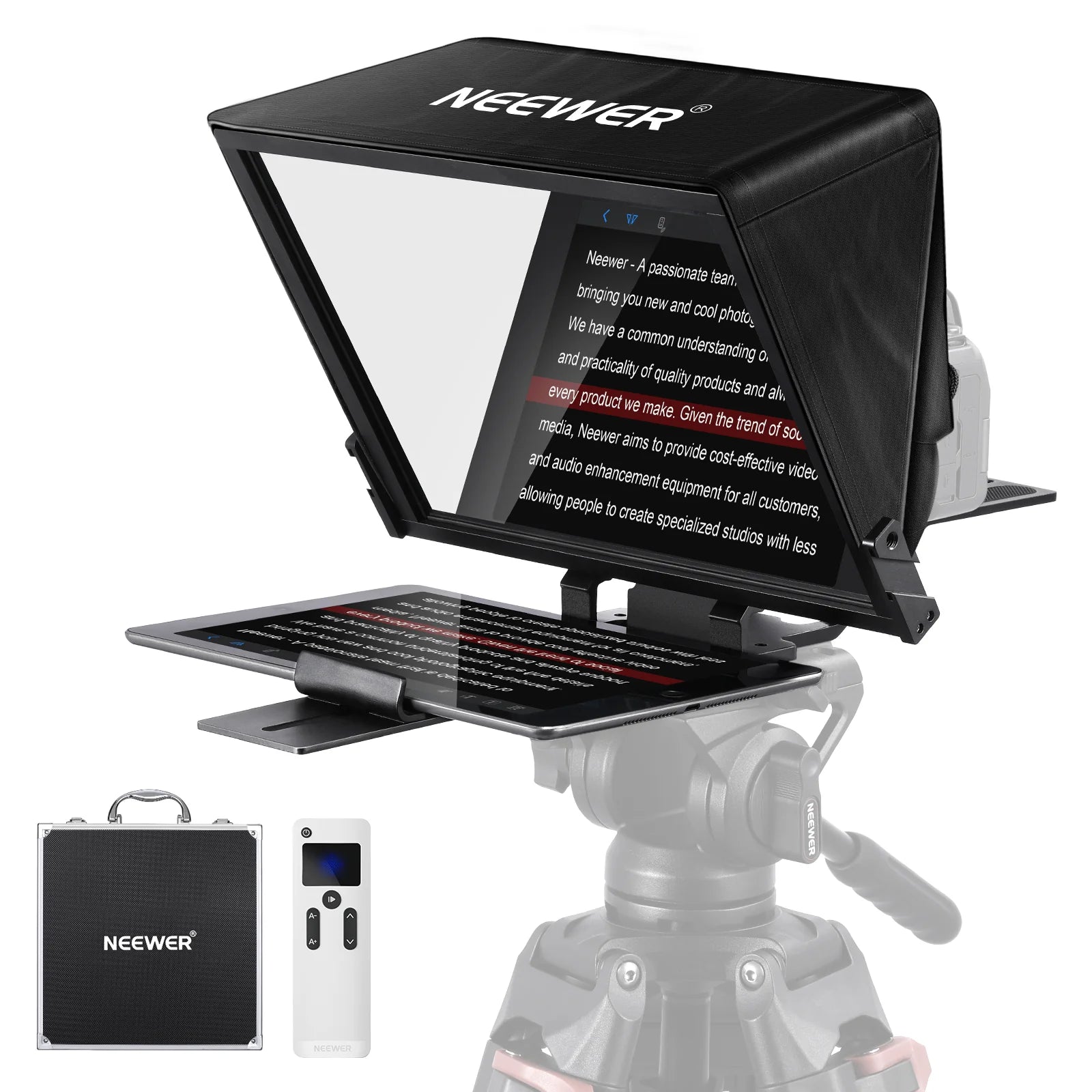 Neewer video lighting panel with stand and remote control on a white background