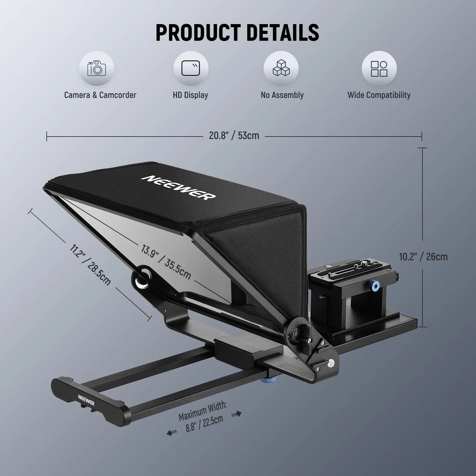 NEEWER product with dimensions and features on a gray background