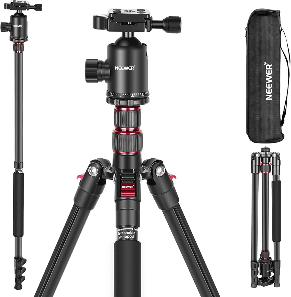 Camera tripod with ball head and carrying case on a white background, featuring the Neeper brand.