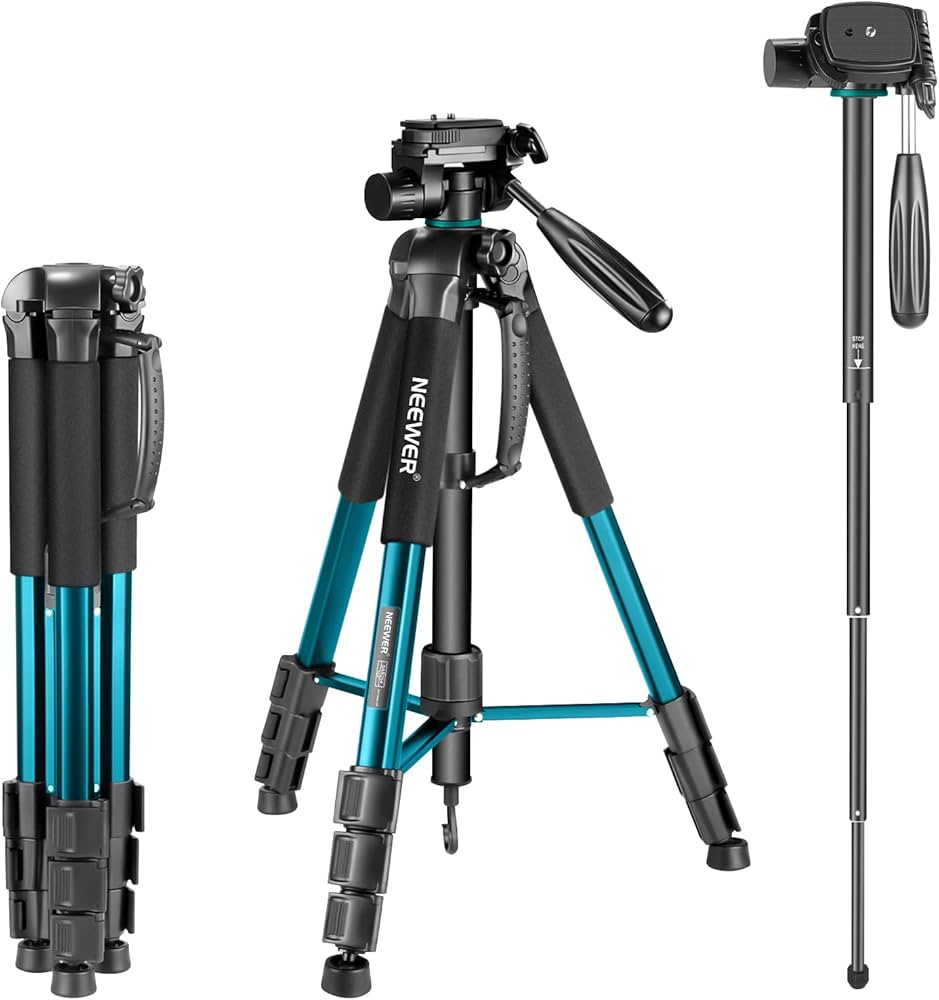 Camera tripod with monopod on a white background
