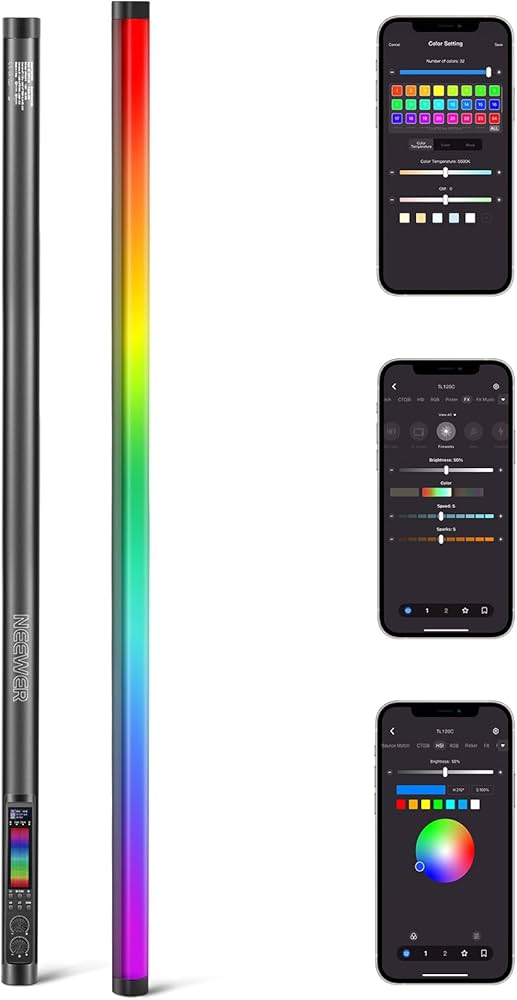 Colorful LED light bar with smartphone app controls on a white background