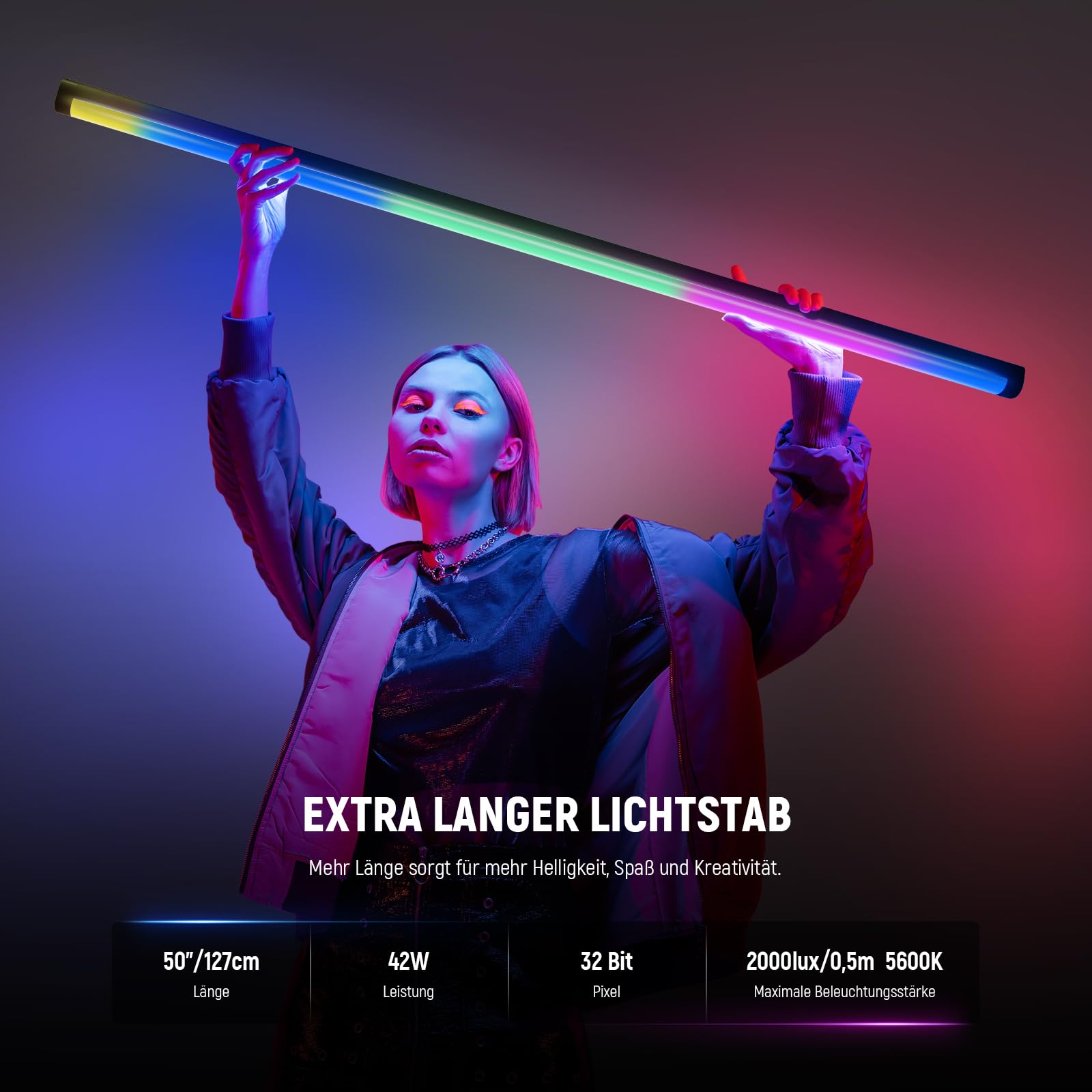 Person holding a colorful light stick with text about its features on a dark background