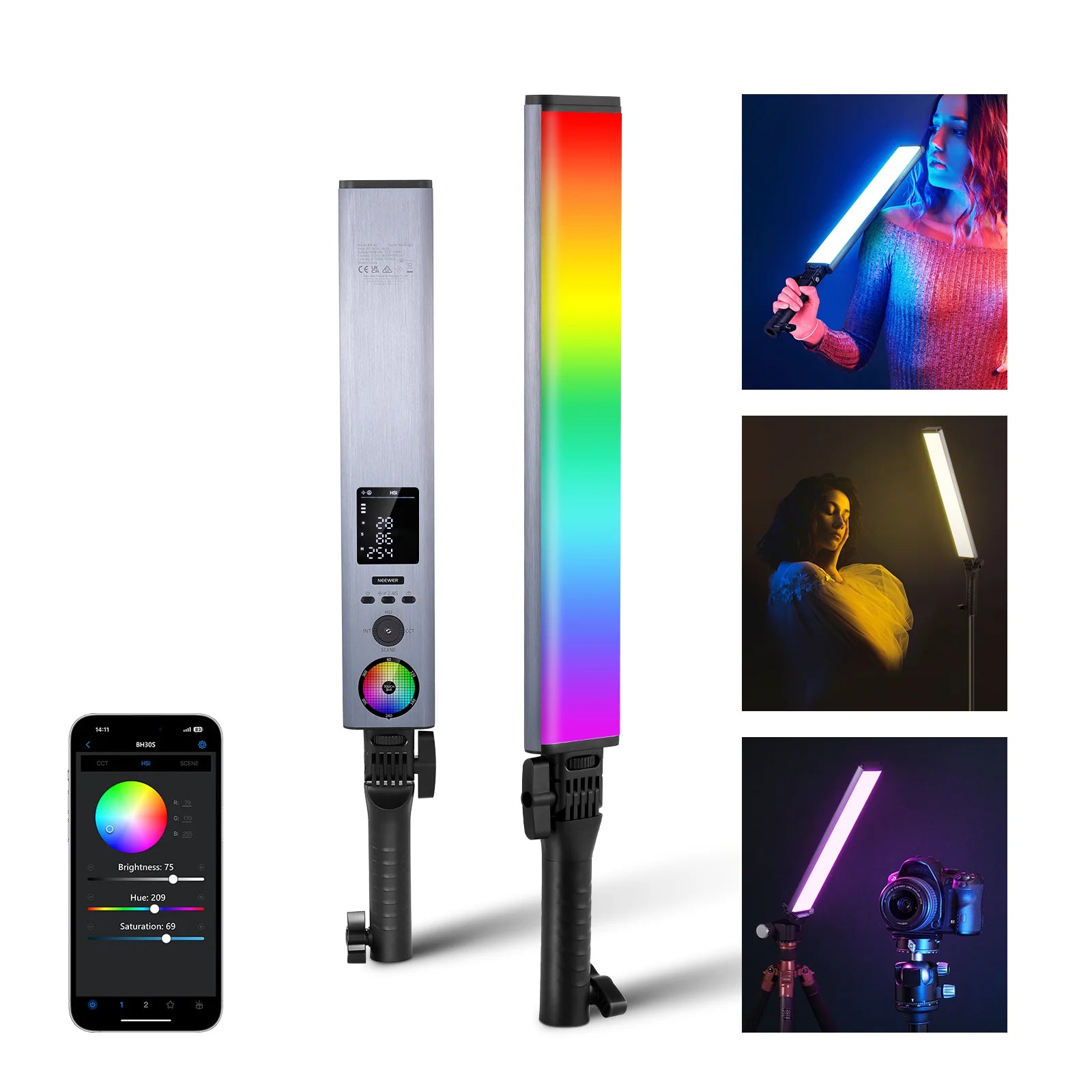 Colorful light stick with smartphone app interface, shown with smartphone and images of its use.