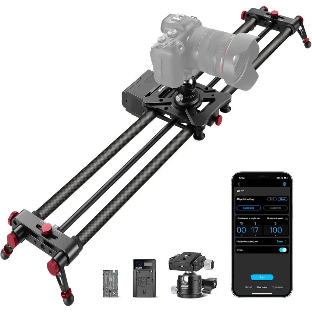 Camera slider system with camera, smartphone app, and accessories on a white background