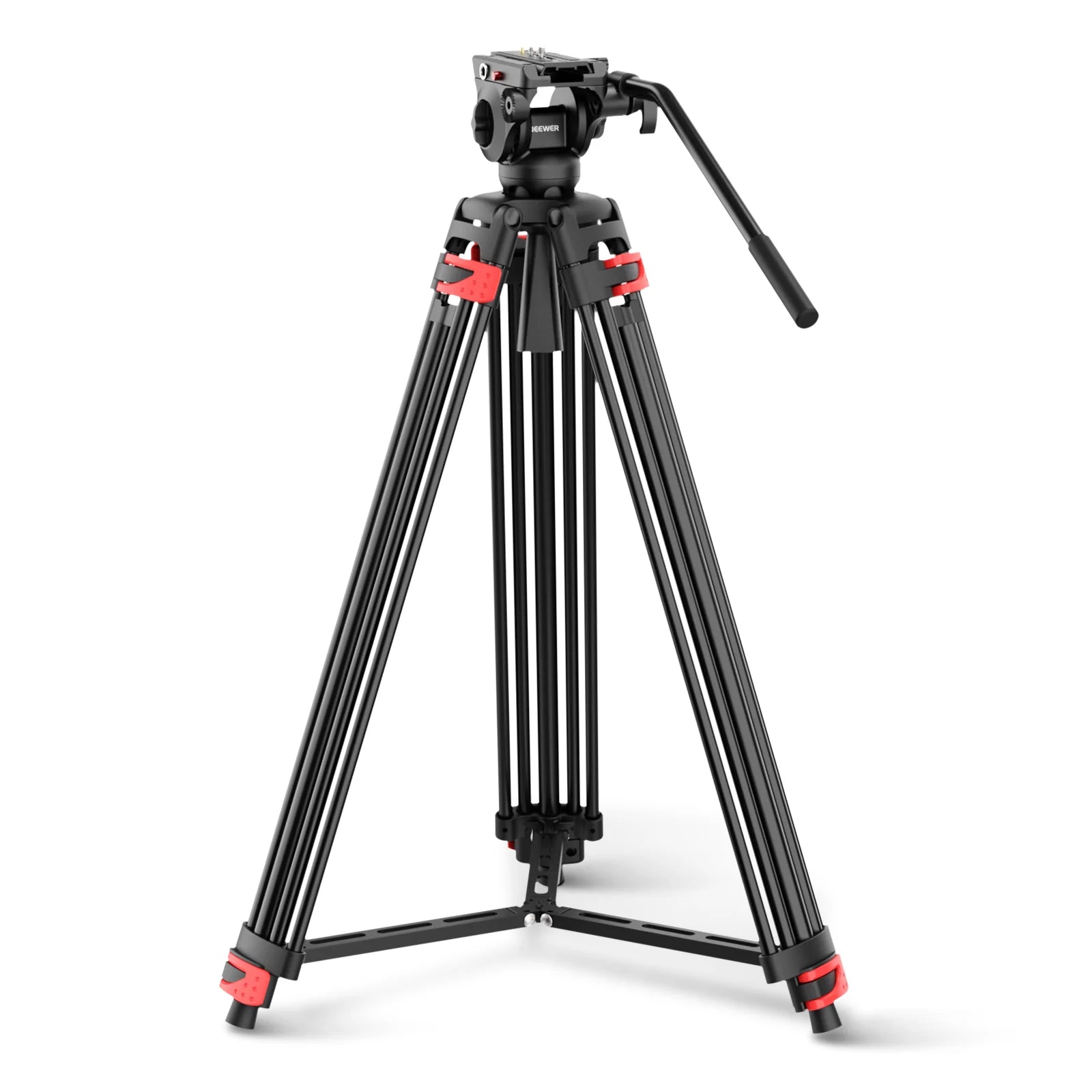 Black camera tripod with red accents on a white background