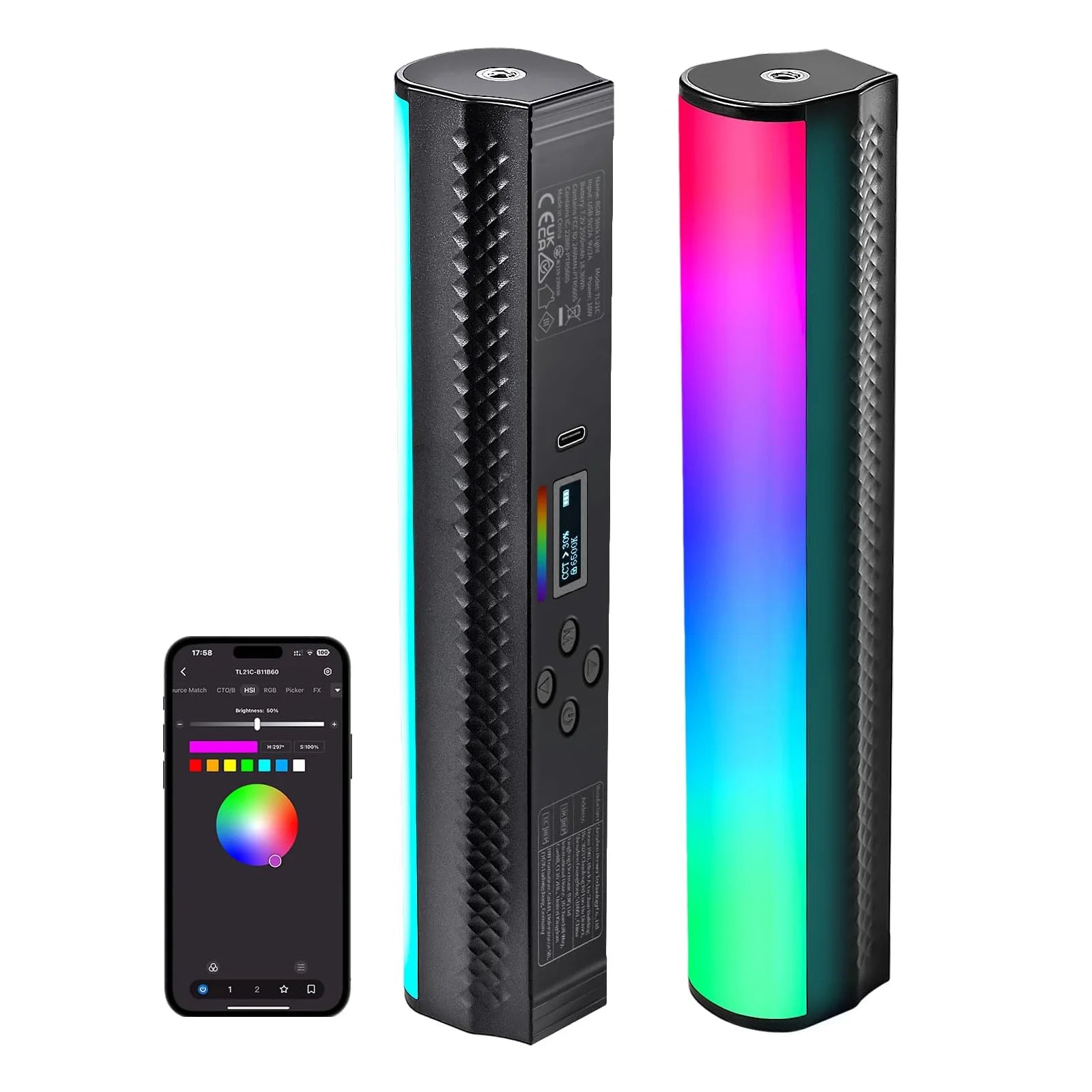 Two electronic devices with RGB lighting and a smartphone displaying color selection app on a white background.