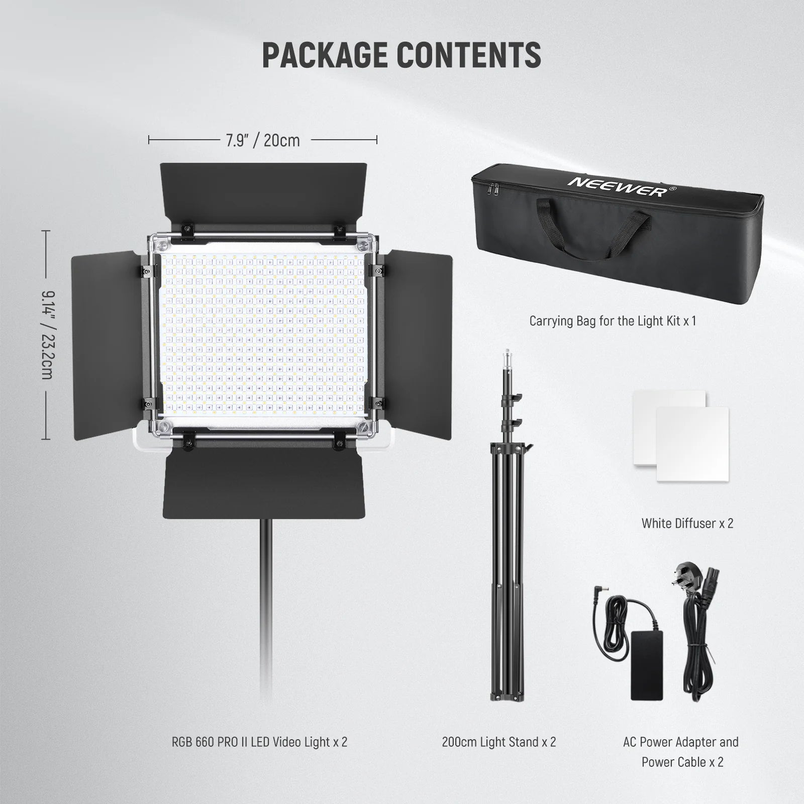 Neewer LED video light kit with carrying bag, stand, diffuser, and power adapter on a white background