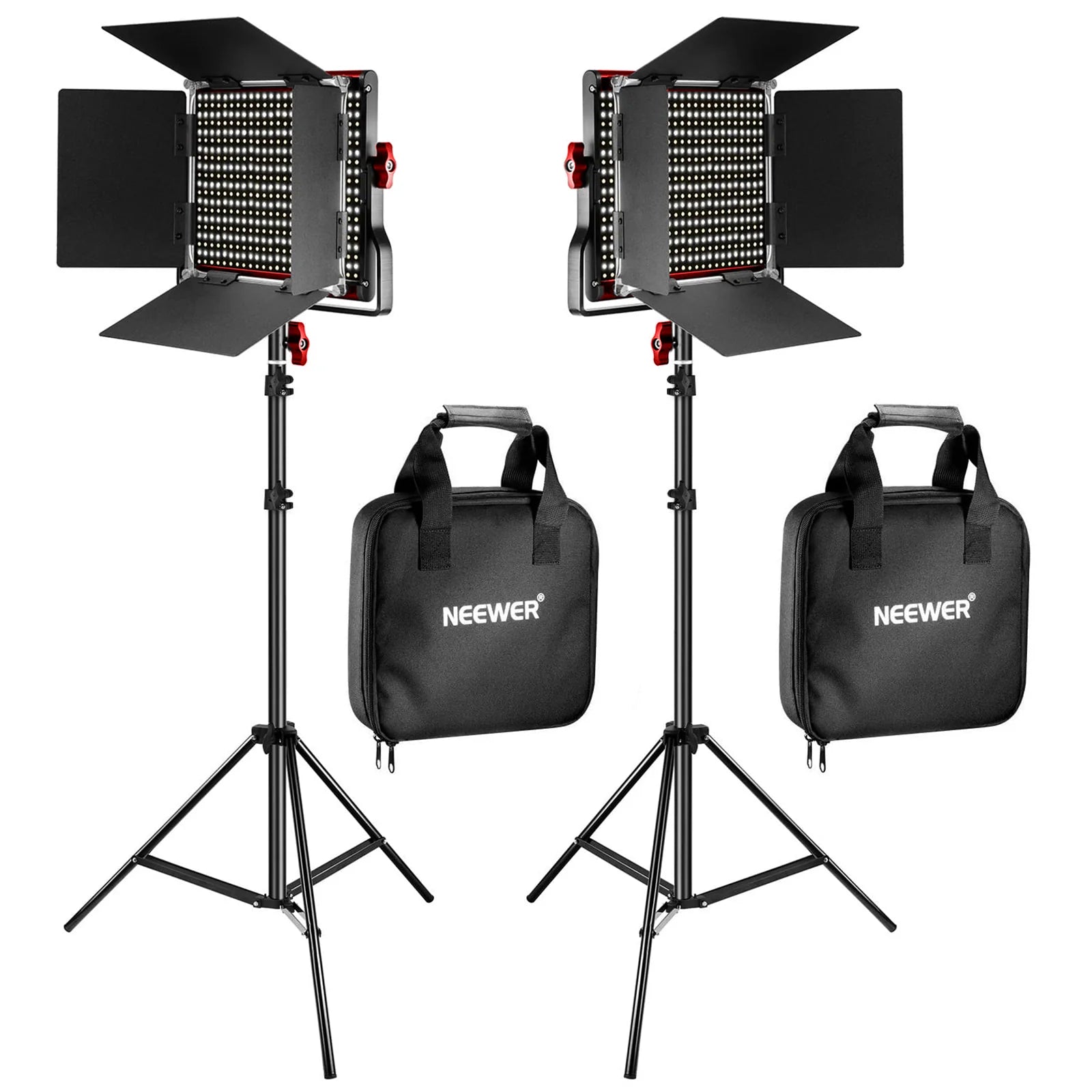Two video light stands with LED panels and carrying cases on a white background, featuring the Neewer brand.