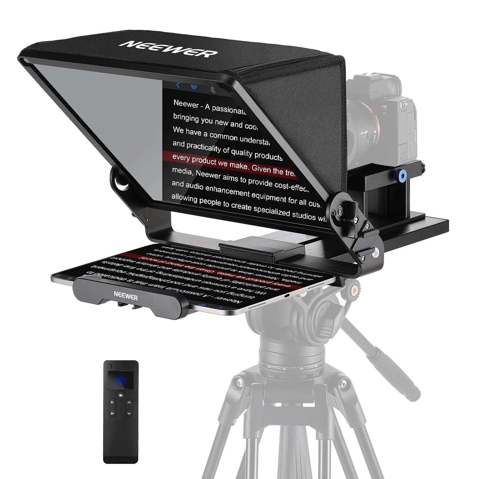 Neewer teleprompter with screen and remote control on a white background