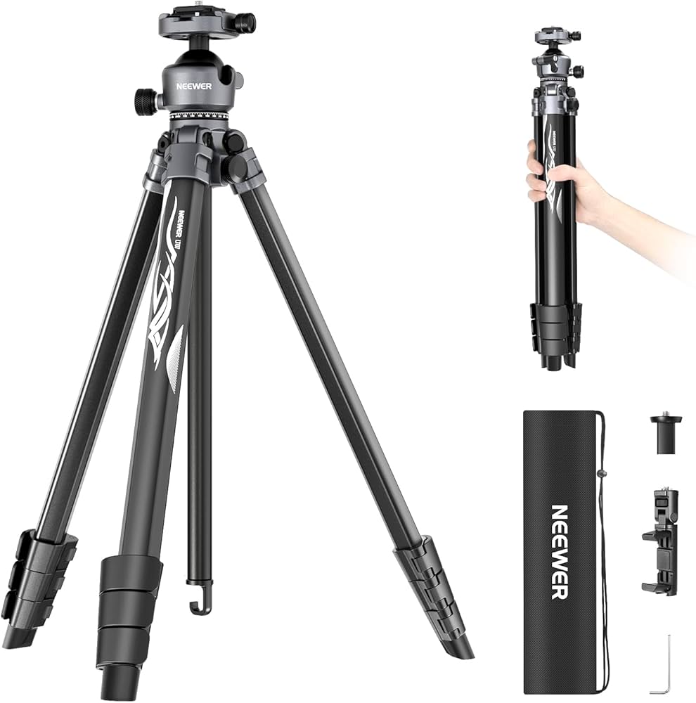 Neewer camera tripod with compact travel case on a white background