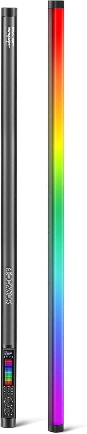 Two LED light sticks, one with a rainbow color gradient and the other black.