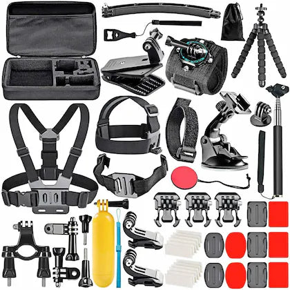 Collection of various camera accessories including a case, mount, and various attachments on a black background.